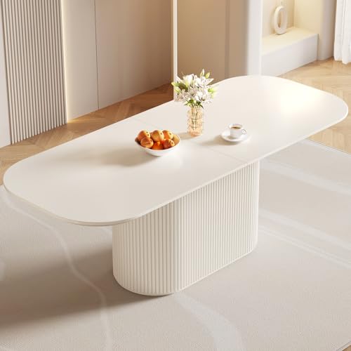 86.61" Large Cream White Dining Table with Strong Pedestal Modern Oval Dining Room Table for 8 People Cream Kichen Table for Dining&Kichen Room Furniture