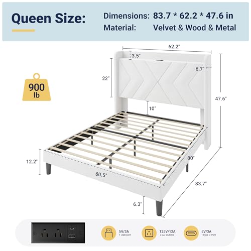 Queen Size Velvet Bed Frame with Charging and Shelf, White, view 3