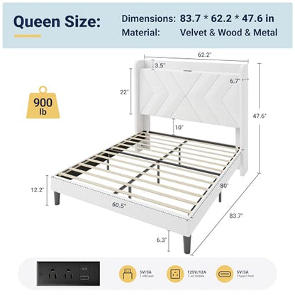 Queen Size Velvet Bed Frame with Charging and Shelf, White, view 3