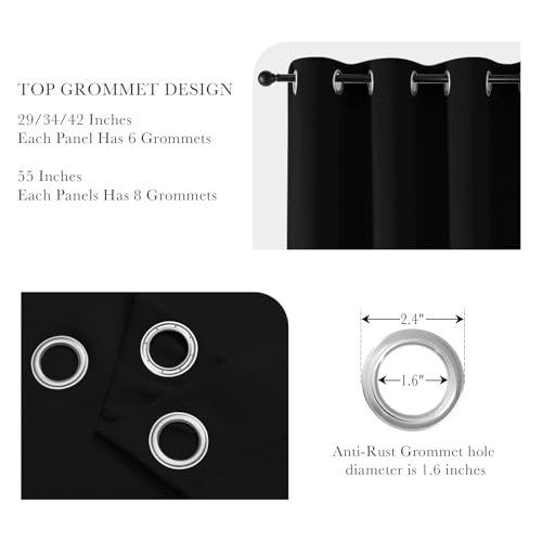Pony DACNE Black Blackout Curtains for Bedroom 2 Panels Set - Light Reducing Solid Grommet Thermal Insulated Window Black Out Drapes for Living Room, 42 Wide by 60 inch Long
