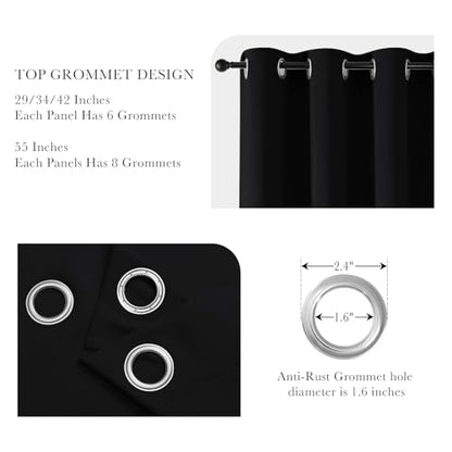 Pony DACNE Black Blackout Curtains for Bedroom 2 Panels Set - Light Reducing Solid Grommet Thermal Insulated Window Black Out Drapes for Living Room, 42 Wide by 60 inch Long