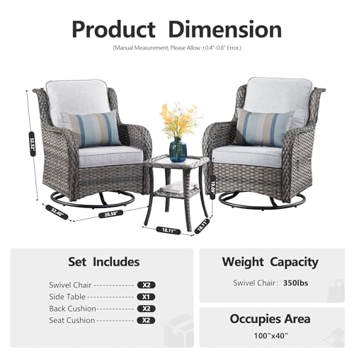 Patio Furniture Set,3 Piece Outdoor Furniture with Swivel Chairs,Wicker Patio Bistro Chairs Set,Light Gray