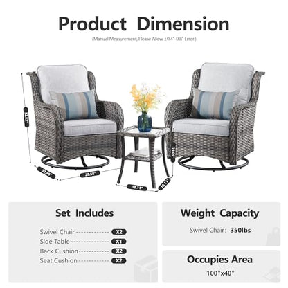 Patio Furniture Set,3 Piece Outdoor Furniture with Swivel Chairs,Wicker Patio Bistro Chairs Set,Light Gray