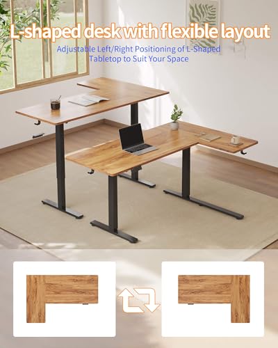 Reversiable L-Shaped Electric Standing Desk, 59 Inches Stand Up Corner Desk, Sit and Stand Up for Work Office Home, Ergonomic Rising Computer Table with Splice Board, Rustic Brown