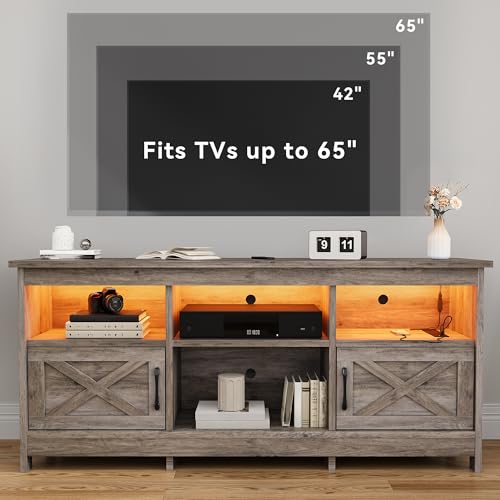 Farmhouse TV Stand with Storage for up to 65 Inch TV, Washed Grey, view 4
