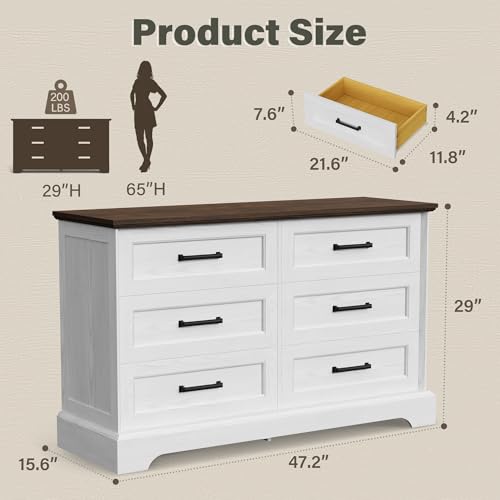 Dresser for Bedroom, Farmhouse 6 Drawers Dressers, White and Brown, view 3