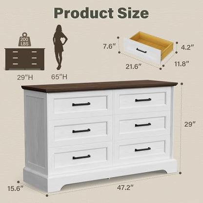 Dresser for Bedroom, Farmhouse 6 Drawers Dressers, White and Brown, view 3