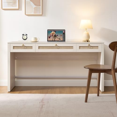 60" Rattan Home Office Desk with 3 Drawers, White, view 4