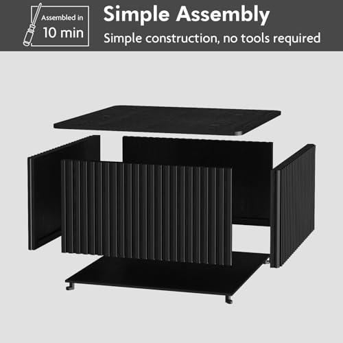 Fluted Square Coffee Table with Storage, Large Wood Center Table with Solid Wood Veneer Top, Mid Century Modern Low Coffee Table for Living Room, Black