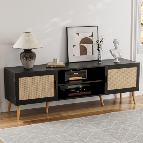TV Stand with Rattan Doors for TVs up to 65", Mid-Century, Black, view 2