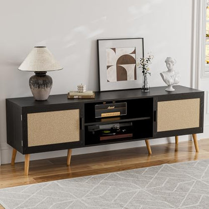 TV Stand with Rattan Doors for TVs up to 65", Mid-Century, Black, view 2