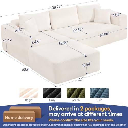 2025 New 108" Cloud Couch Sectional, Comfy Boneless Modular Sectional Sofa with L-Shaped Chaise, Deep Seat Couch for Living Room, No Assembly Required (Beige, Chaise Ottoman)
