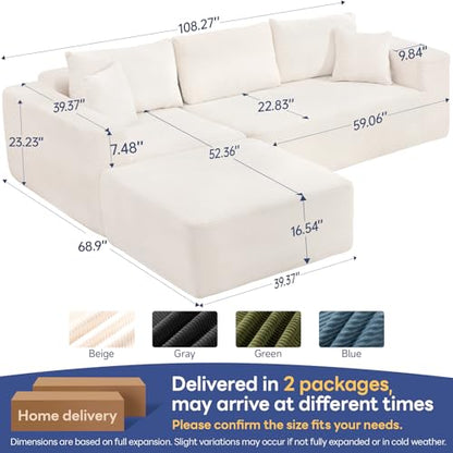 2025 New 108" Cloud Couch Sectional, Comfy Boneless Modular Sectional Sofa with L-Shaped Chaise, Deep Seat Couch for Living Room, No Assembly Required (Beige, Chaise Ottoman)