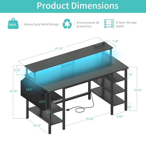 Gaming Desk with LED Lights and Storage Shelves, 47 inch Computer Desk with Power Outlets, Home Office Desk with Monitor Stand, Writing Table PC Desks, Black
