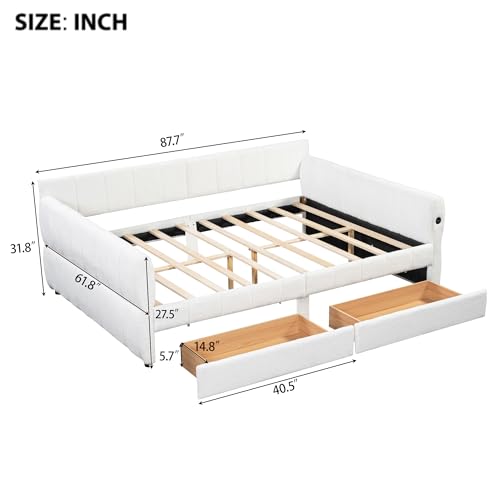 Queen Size Upholstered Daybed Sofa Bed with 2 Drawers, Lambswool Upholstered Platform Bed with USB for Bedroom Living Room Guest Room (White-@045)