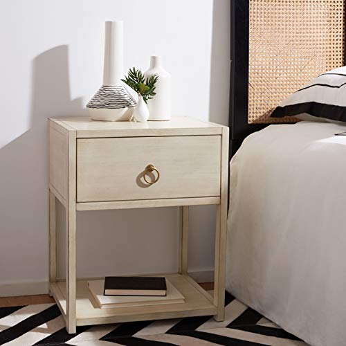 SAFAVIEH Furniture - Sadie 1-Drawer Nightstand - Antique & White - Wood - Glam Gold Hardware Design - Ideal for Bedroom, 21"W x 17.2"D x 26"H - Fully Assembled (NST9201B)