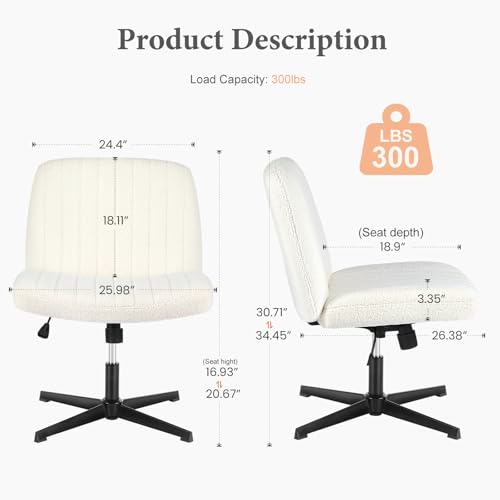 Criss Cross Chairs Armless No Wheels Wide Seat Cross Legged Height Adjustable Swivel Rolling Padded Teddy Fleece Cute Home Office Desk Seating for Bedroom, Study Room, Teddy Beige No Wheel