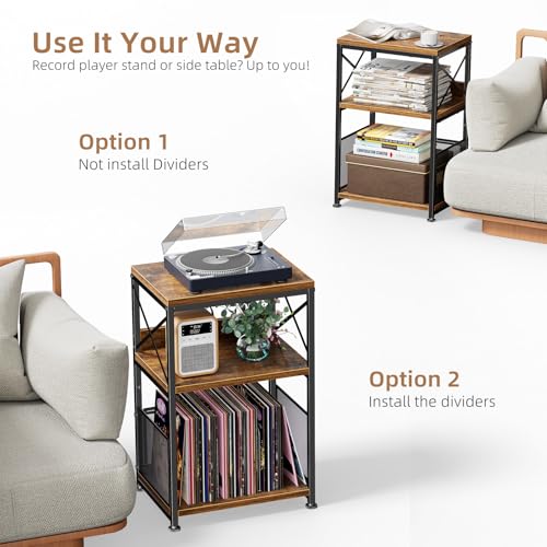 Record Player Stand, Turntable Stand with Vinyl Storage Holds Up to 200 Albums, Record End Table for Living Room, Rustic Brown