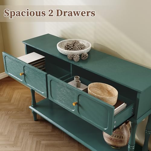 Mid-Century Console Table for Entryway with 2 Drawers, Green Entryway Table with Storage Cabinets and Open Shelf, Narrow Long Couch Table Behind Sofa for Living Room, Foyer, Hallway