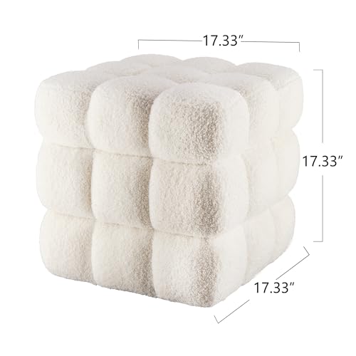White Sherpa Square Ottoman - 17.3" Large Boucle Cube Pouf with Sturdy Wood Frame, 330lbs Capacity Modern Fuzzy Vanity Stool & Footrest for Living Room, Bedroom - Fully Assembled
