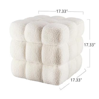 White Sherpa Square Ottoman - 17.3" Large Boucle Cube Pouf with Sturdy Wood Frame, 330lbs Capacity Modern Fuzzy Vanity Stool & Footrest for Living Room, Bedroom - Fully Assembled