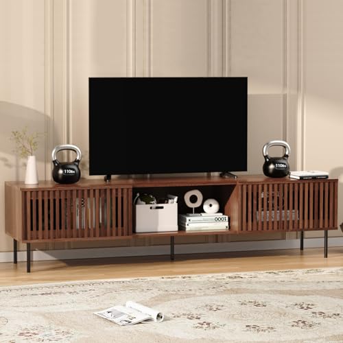 70 Inch Mid-Century Modern TV Stand for 55 to 80 Inch TVs, Slat Door