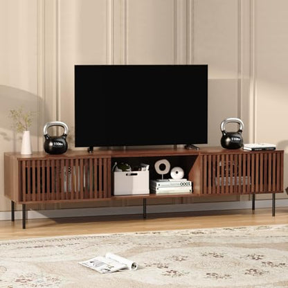 70 Inch Mid-Century Modern TV Stand for 55 to 80 Inch TVs, Slat Door