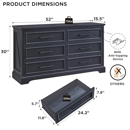 52" Wide Farmhouse 6 Drawer Dresser for Bedroom, Black, view 3