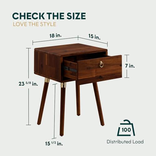 Alden Solid Wood Nightstand/Side Table/End Table, Fully Assembled, with 1-Drawer for Mid Century Bedroom and Living Room, (12mm), Dark Chocolate