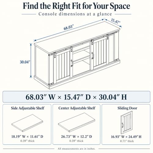 68 Inch TV Stand Entertainment Center with 2 Barn Doors and 9 Shelves for TVs, view 4