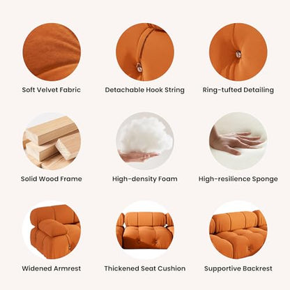 104'' Modular Sectional Sofa, L-Shaped Velvet Modular Couch with Reversible Chaise Ottoman, Modern Cloud Sectional Couches for Living Room, Apartment (3 Seats, 1 Ottoman, Orange)