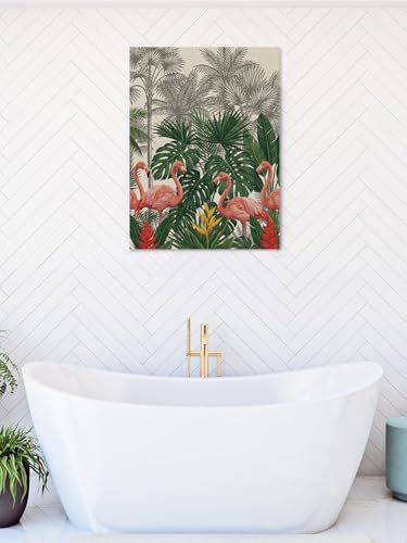 NuYeBiofx Summer Pink Flamingo Green Leaf Canvas Wall Art Prints,30"x20" Framed Picture Artwork Tropical Gray Tree Retro Linen Printed Canvas Oil Painting for Living Room Bedroom Office,Ready to Hang