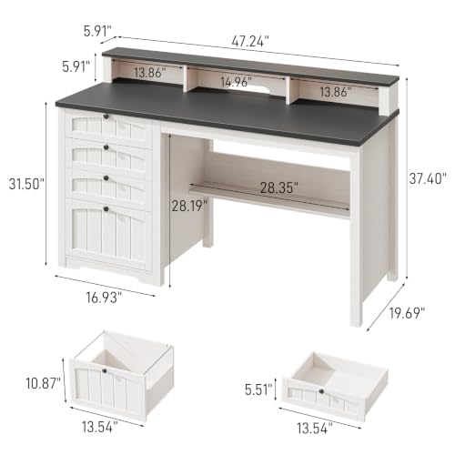 47" Farmhouse Home Office Desk with 4 Drawers, Rustic White and Black, view 3