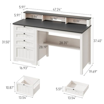 47" Farmhouse Home Office Desk with 4 Drawers, Rustic White and Black, view 3