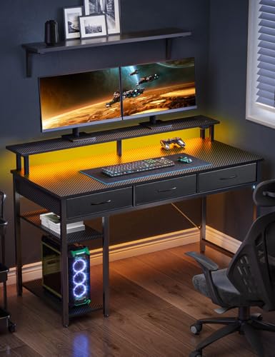 Computer Desk with Power Outlets & LED Light, 39 inch Home Office Desk with 3 Drawers and Storage Shelves, Writing Desk with Monitor Stand, Modern Work Desk for Home Office, Carbon Black