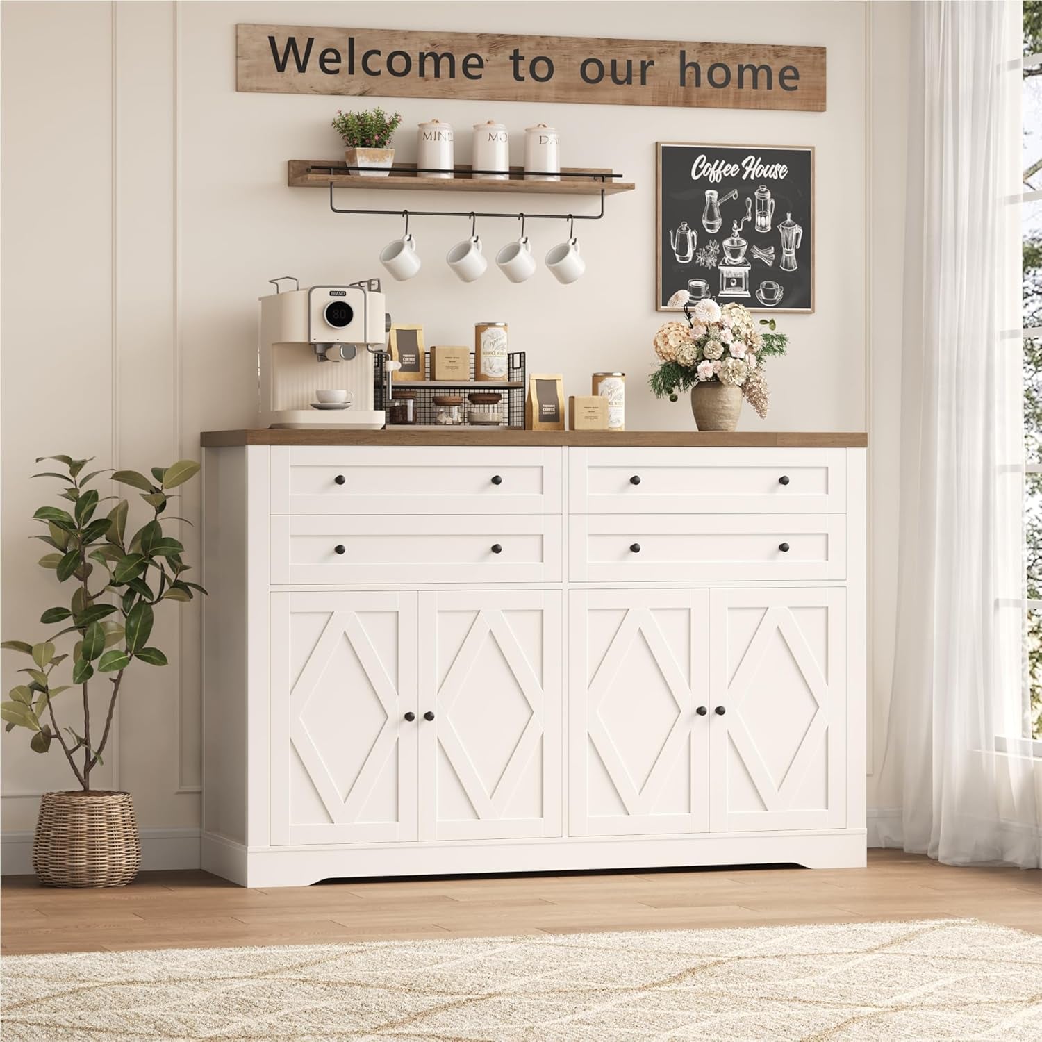 55" Coffee Bar with 4 Large Drawers, 40" Tall Buffet Cabinet with Storage, Kitchen Storage Cabinet, Modern Farmhouse Sideboard Buffet, Adjustable Shelves for Living Room, White