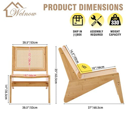 Mid Century Rattan Accent Chair, Bamboo Wood Lounge Chair with Woven Cane Backrest, Low Armchair for Living Room, Bedroom, Balcony or Reading Corner, Natural