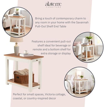 Savannah Narrow End Table – 12” W x 22” D Small Side Table with Pull-Out Tray and Storage Shelf – Farmhouse Nightstand for Living Room or Bedroom by (Ivory and Natural Wood Finish)