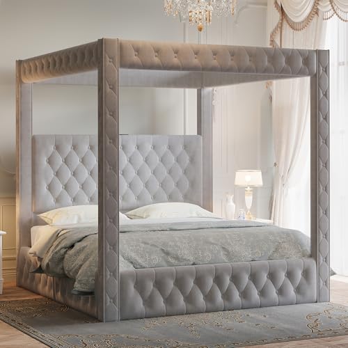 Queen Canopy Bed Frame Velvet Upholstered Headboard, Grey, view 2