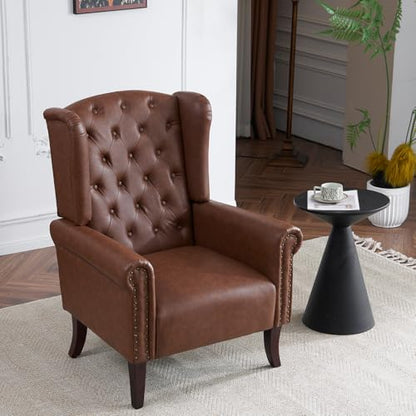 Mid-Century PU Leather Accent Chair, Living Room Lounge Sofa Chair with Buttons, Single Club Armchair with Rivet Trim for Bedroom Home Reception (Brown)