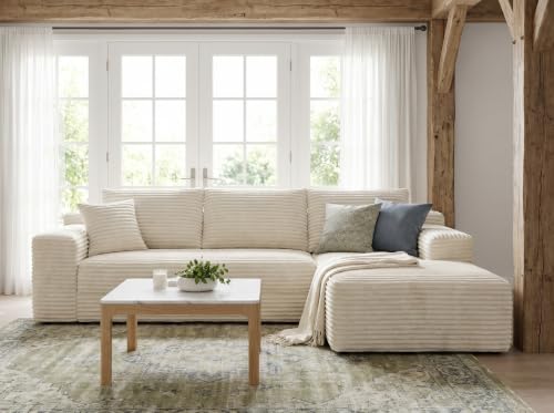 106'' Modular Sectional Sofa, L-Shaped Boneless Cloud Couch with Chaise Lounge, 4-in-1 Flexible Combination Faux Rabbit Fur & Layered Cushion Deep Seat, No Assembly, Beige Right Facing Chaise