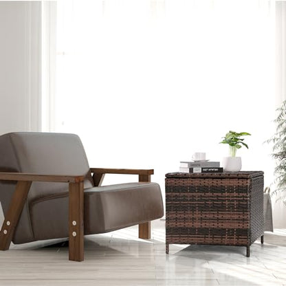 Outdoor Side Table with Storage, 27-Gallon Patio Deck Box Outdoor Wicker Side Table for Poolside Balcony Storage Table (Brown, Square)