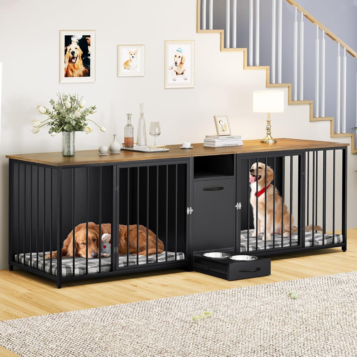 Double Dog Crate Furniture 94.5 Inch with Feeder Bowls, Large Breed Dog Kennel with Divider and Storage Drawer, Heavy Duty Dog House TV Stand Indoor for 2 Large/Medium Dogs, Black