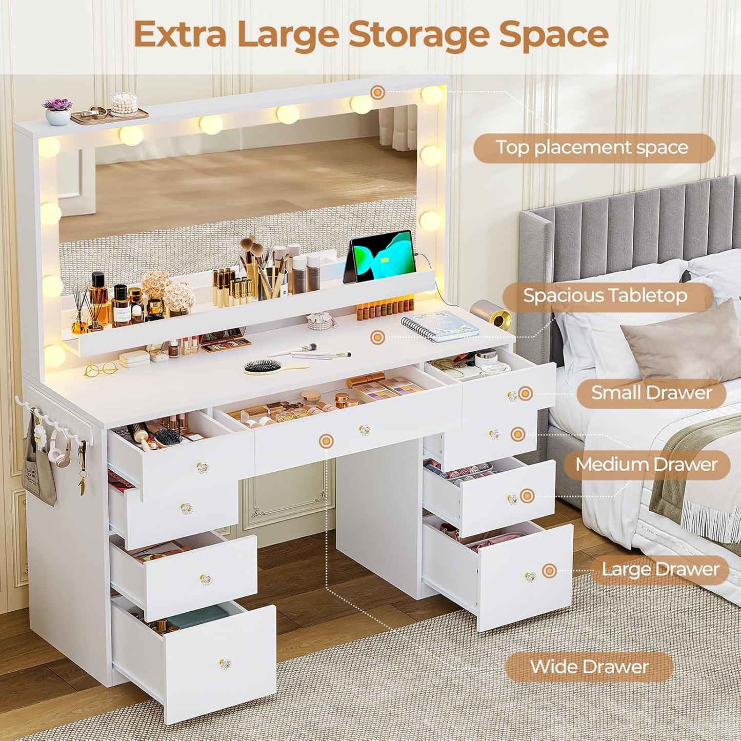 Makeup Vanity Desk with Large Lighted Mirror and 9 Drawers, Large Vanity Desk with Storage Rack, Hook, Crystal Handle, White Bedroom Dressing Table Set with Charging Station, Lights Adjustable
