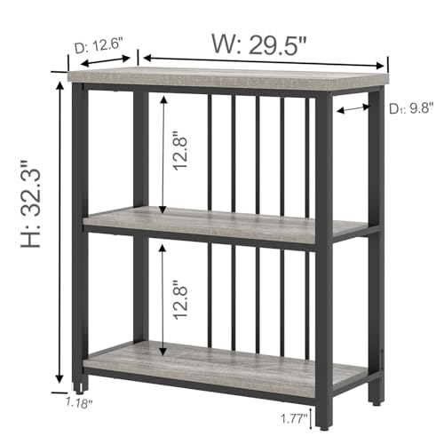 3 Tier Bookshelf, Short Bookcase for Small Space, Modern Wooden and Metal Book Shelf for Living Room Bedroom Office (Light Grey Oak)