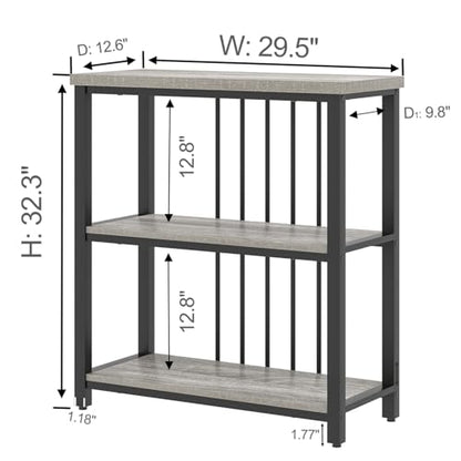 3 Tier Bookshelf, Short Bookcase for Small Space, Modern Wooden and Metal Book Shelf for Living Room Bedroom Office (Light Grey Oak)