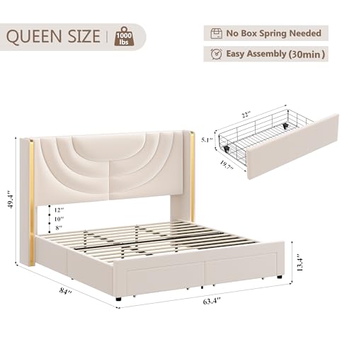 Queen Upholstered LED Bed Frame with 2 Storage Drawers, Velvet Platform Bed with Wingback Headboard, Solid Wooden Slats Support, No Box Spring Needed, Headboard Splicing Design, Beige