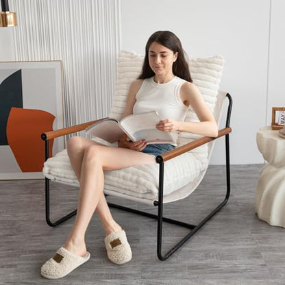 Accent Chair, Sherpa Arm Chair for Living Room, Mid Century Modern Accent Chairs, Boucle Reading Bedroom Chair, Teddy Armchair, Wooden Arms Metal Frame