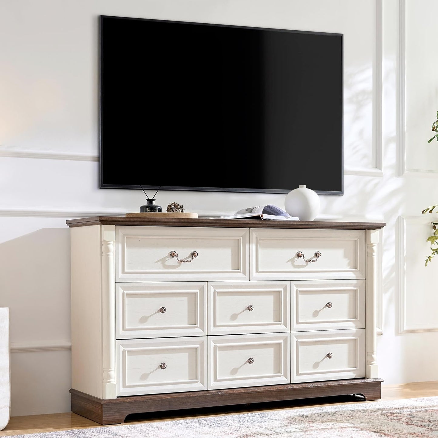 3PC Farmhouse Dresser and Nightstand Sets for Bedroom, Including 8 Drawer Dresser & 2 Drawer Night Stand Set of 2 with Usb,Antique White