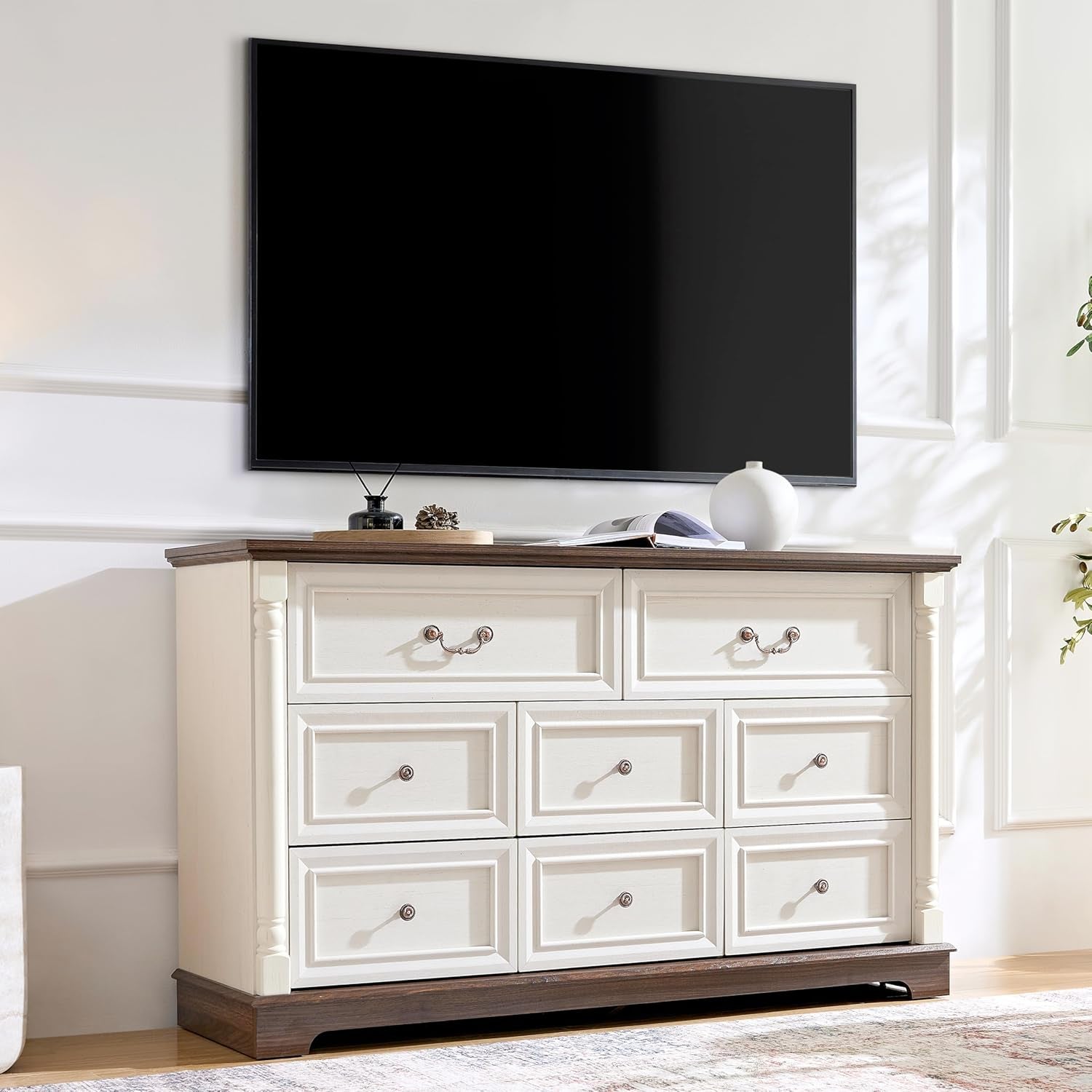 3PC Farmhouse Dresser and Nightstand Sets for Bedroom, Including 8 Drawer Dresser & 2 Drawer Night Stand Set of 2 with Usb,Antique White